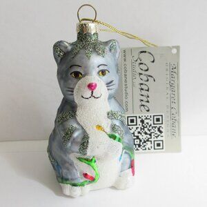 Big Kitty Gray Glass Cat Christmas Ornament Cobane Studio, Margaret Cobane w/Tag